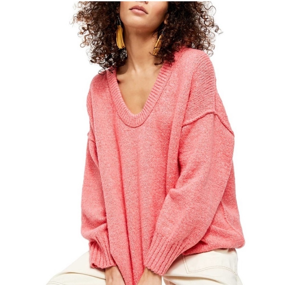 Free People Coral Pink V-Neck Oversized Sweater - Picture 1 of 13